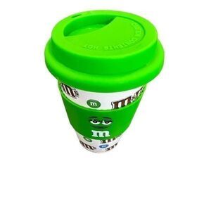 M&M's Face Ceramic Travel Coffee Mug W/ Green Silicone Lid & Sleeve 16 oz